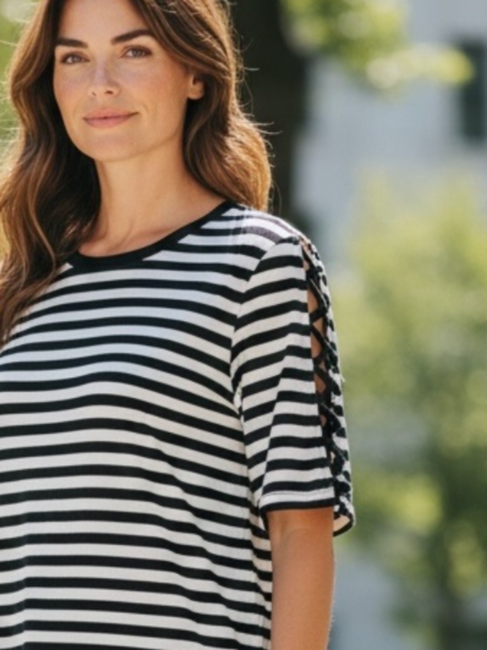 NWOT,Cable & Gauge • Black White Striped Lace-Up Sleeve Top • L